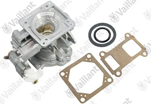 Vaillant Gasgehäuse mit Dichtungen und Montagesatz, geeignet für Heizungsanwendungen. Komponenten zeigen Metall- und Gummiteile zur Installation.